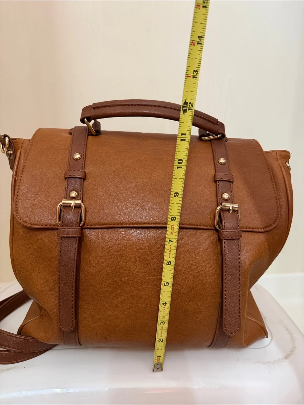 Classic Tan Faux Leather Satchel Handbag